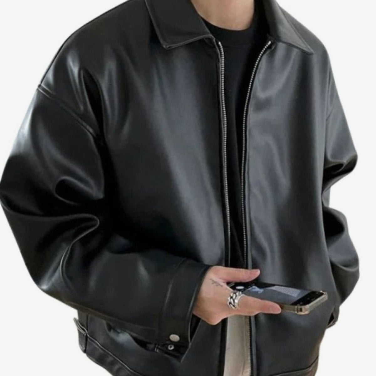 Damon | Men’s Minimalist Point-Collar Faux-Leather Zip Jacket