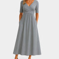 Eliza | Women’s Short Sleeve Pleated Wrap V-Neck Pocket Maxi Dress